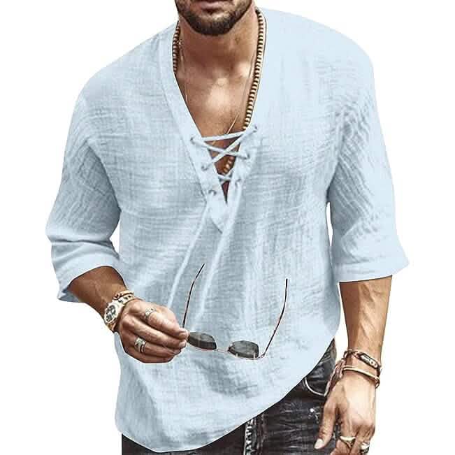 Men's Fashion Shirt Short Sleeve Beach V-Neck Drawstring Light Blue Men's Tops - Tophatter Daily Deals