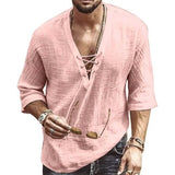 Men's Fashion Shirt Short Sleeve Beach V-Neck Drawstring Pink Men's Tops - Tophatter Daily Deals