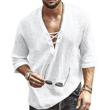 Men's Fashion Shirt Short Sleeve Beach V-Neck Drawstring White Men's Tops - Tophatter Daily Deals