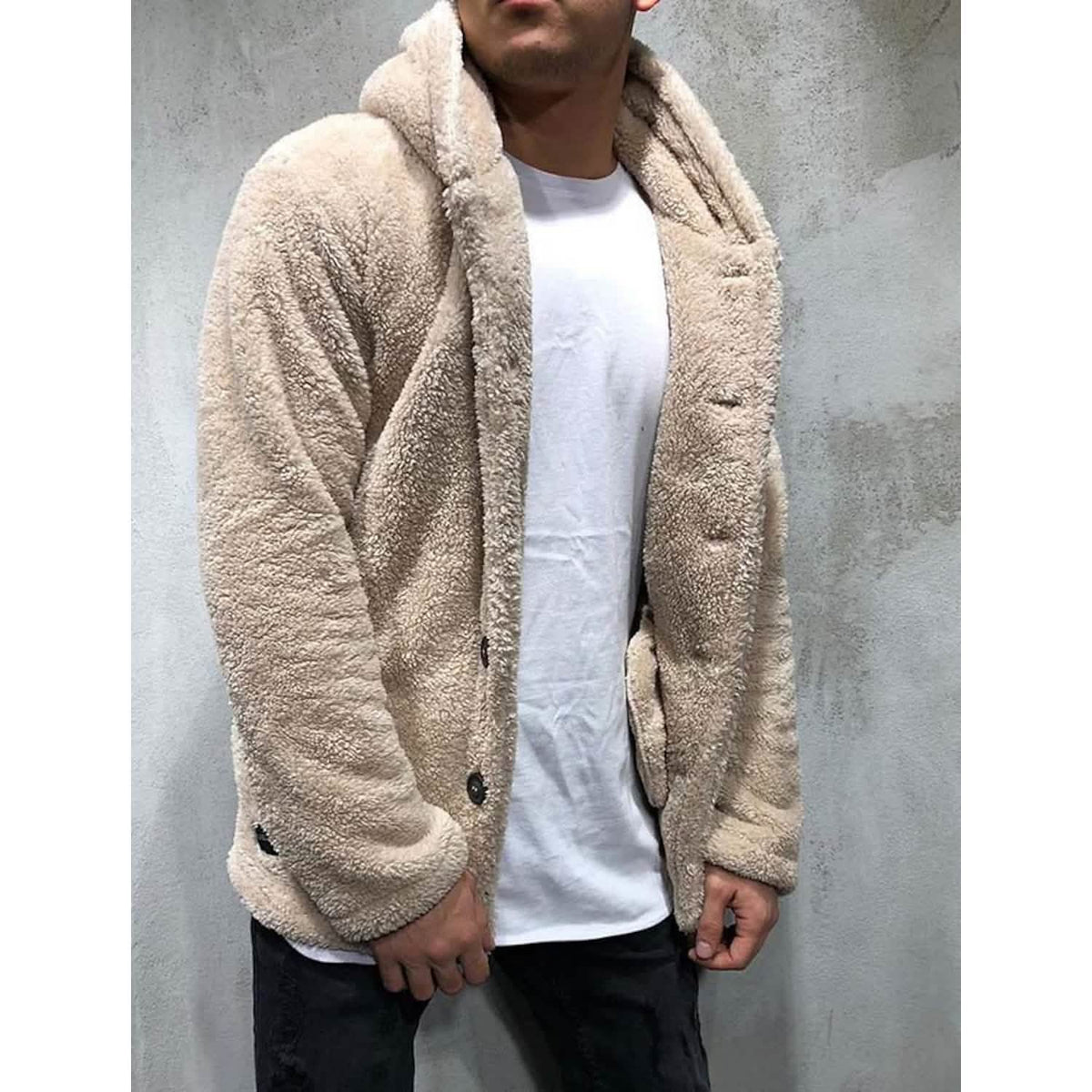 Men's Fuzzy Sherpa Hooded Solid Coat Apricot Men's Outerwear - Tophatter Daily Deals
