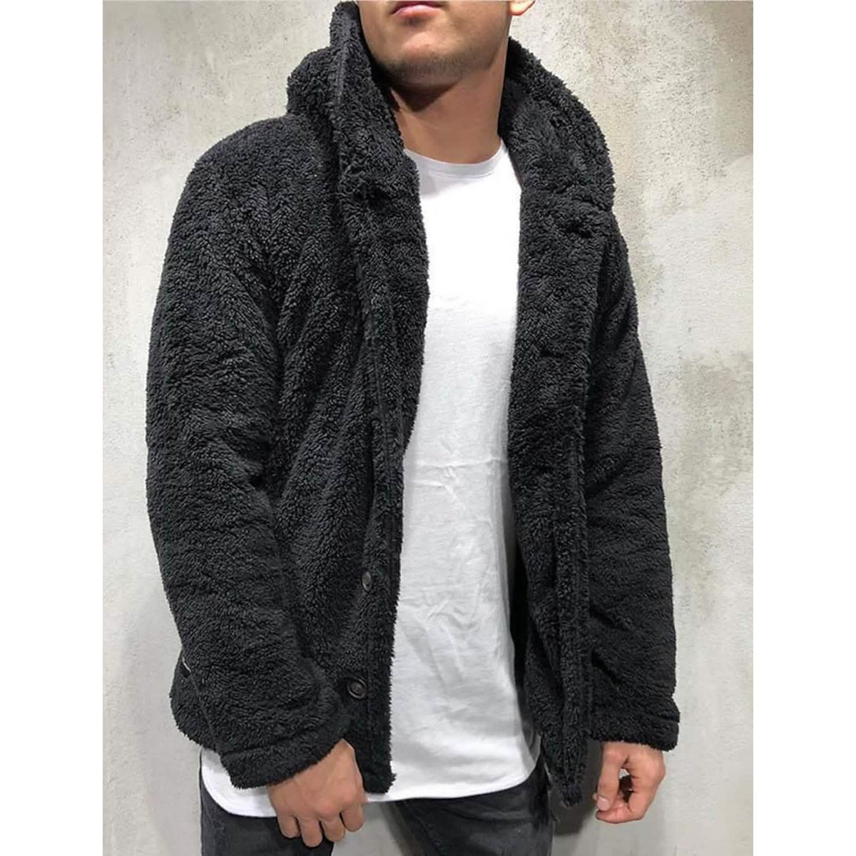 Men's Fuzzy Sherpa Hooded Solid Coat Black Men's Outerwear - Tophatter Daily Deals