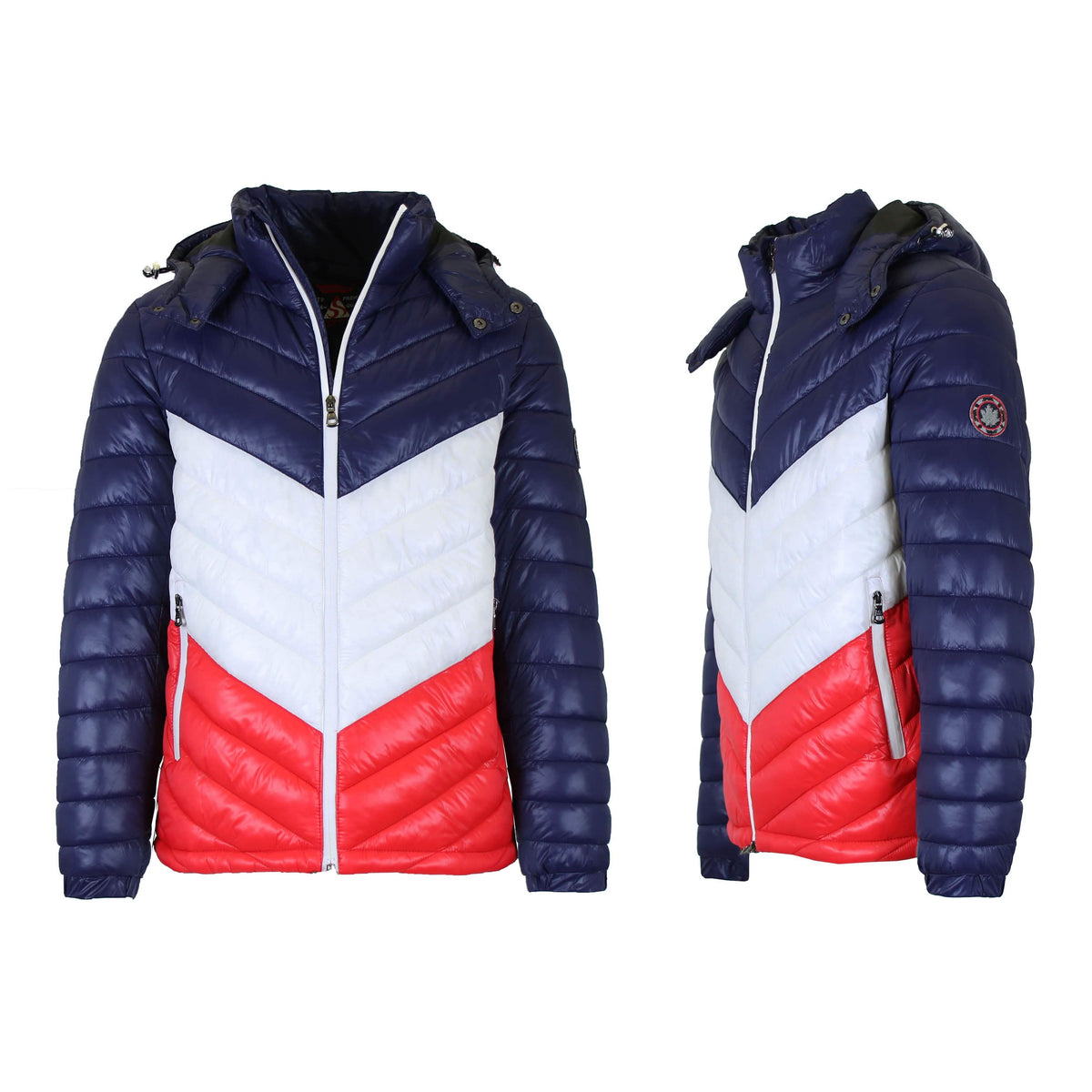 Men's Heavyweight Hooded Puffer Bubble Jacket Navy White Red Men's Outerwear - Tophatter Daily Deals