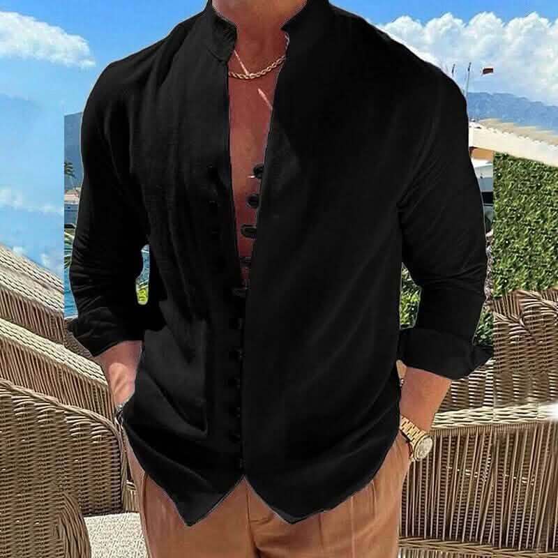Men's Linen Button Up Shirt Long Sleeve Plain Band Collar Black Men's Tops - Tophatter Daily Deals