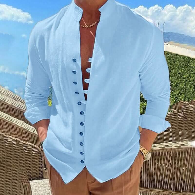 Men's Linen Button Up Shirt Long Sleeve Plain Band Collar Blue Men's Tops - Tophatter Daily Deals