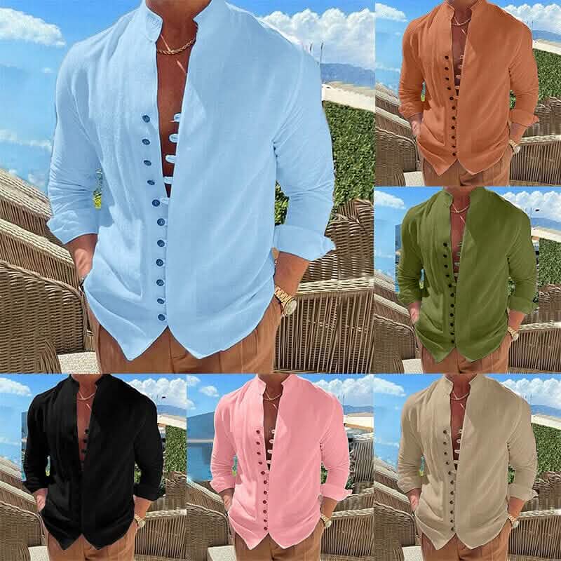 Men's Linen Button Up Shirt Long Sleeve Plain Band Collar Men's Tops - Tophatter Daily Deals