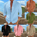 Men's Linen Button Up Shirt Long Sleeve Plain Band Collar Men's Tops - Tophatter Daily Deals