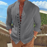 Men's Linen Button Up Shirt Long Sleeve Plain Band Collar Dark Gray Men's Tops - Tophatter Daily Deals