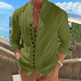 Men's Linen Button Up Shirt Long Sleeve Plain Band Collar Green Men's Tops - Tophatter Daily Deals