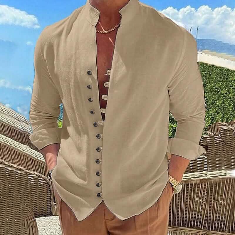 Men's Linen Button Up Shirt Long Sleeve Plain Band Collar Khaki Men's Tops - Tophatter Daily Deals