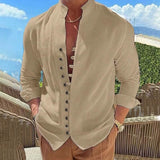 Men's Linen Button Up Shirt Long Sleeve Plain Band Collar Khaki Men's Tops - Tophatter Daily Deals