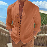 Men's Linen Button Up Shirt Long Sleeve Plain Band Collar Orange Men's Tops - Tophatter Daily Deals