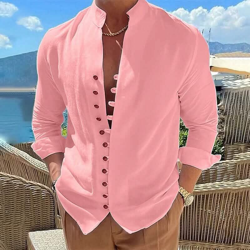 Men's Linen Button Up Shirt Long Sleeve Plain Band Collar Pink Men's Tops - Tophatter Daily Deals