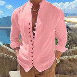 Men's Linen Button Up Shirt Long Sleeve Plain Band Collar Pink Men's Tops - Tophatter Daily Deals