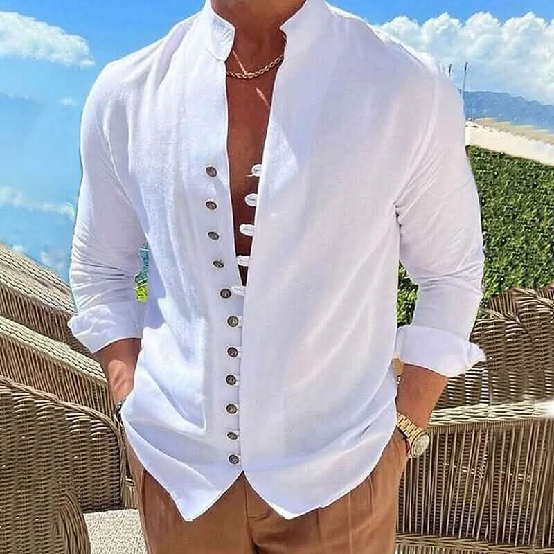 Men's Linen Button Up Shirt Long Sleeve Plain Band Collar White Men's Tops - Tophatter Daily Deals