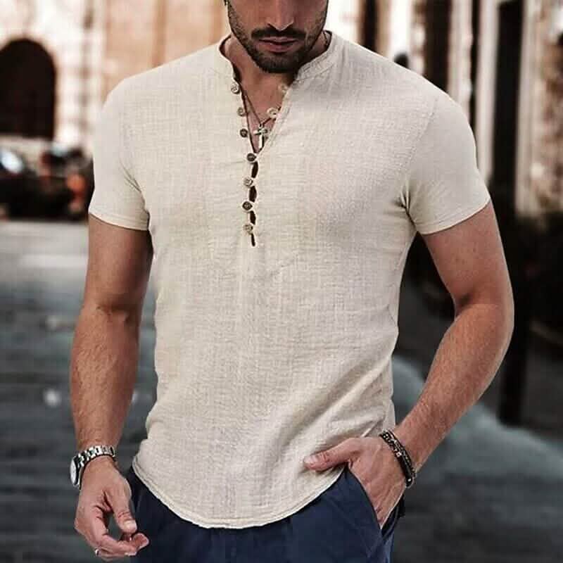 Men's Popover Shirt Short Sleeve Plain V Neck Apricot Men's Tops - Tophatter Daily Deals