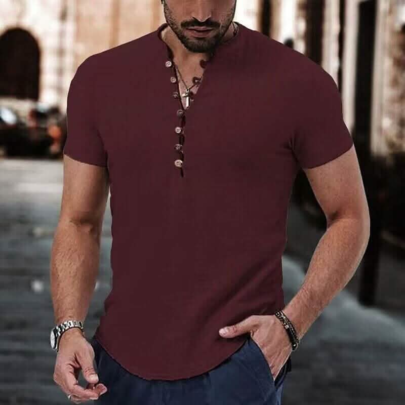 Men's Popover Shirt Short Sleeve Plain V Neck Wine Red Men's Tops - Tophatter Daily Deals