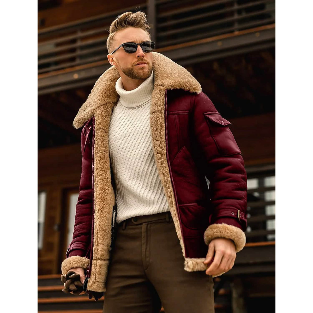 Men's Shearling Coat Winter Jacket Red Men's Outerwear - Tophatter Daily Deals