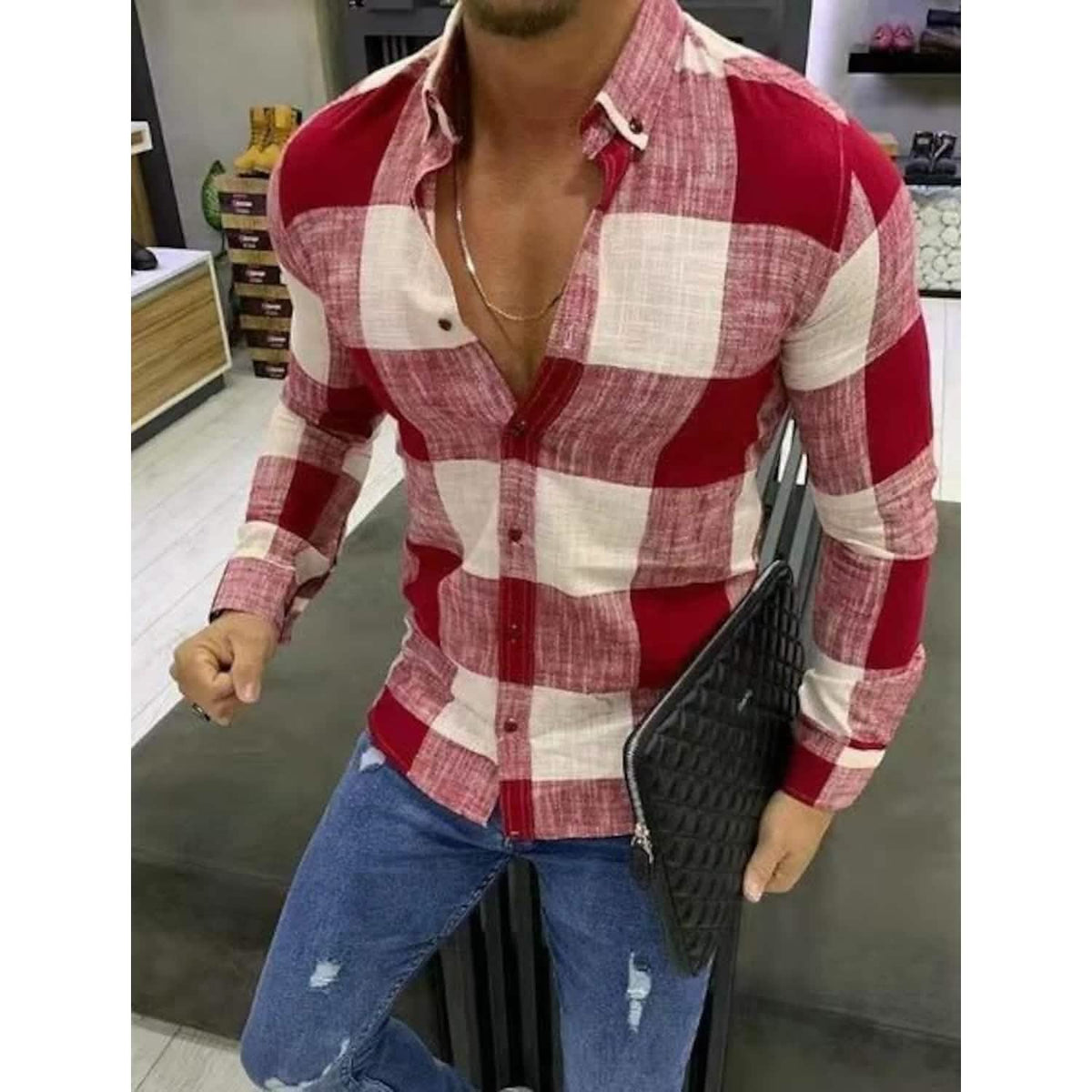 Men's Shirt Bishop Sleeve Collar Shirt Brick Men's Tops - Tophatter Daily Deals