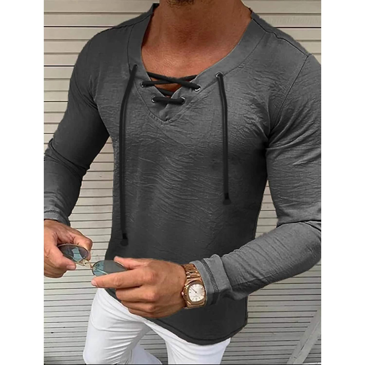 Men's Solid V Neck Long Sleeved Cotton Linen Shirt Gray Men's Tops - Tophatter Daily Deals