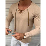 Men's Solid V Neck Long Sleeved Cotton Linen Shirt Khaki Men's Tops - Tophatter Daily Deals