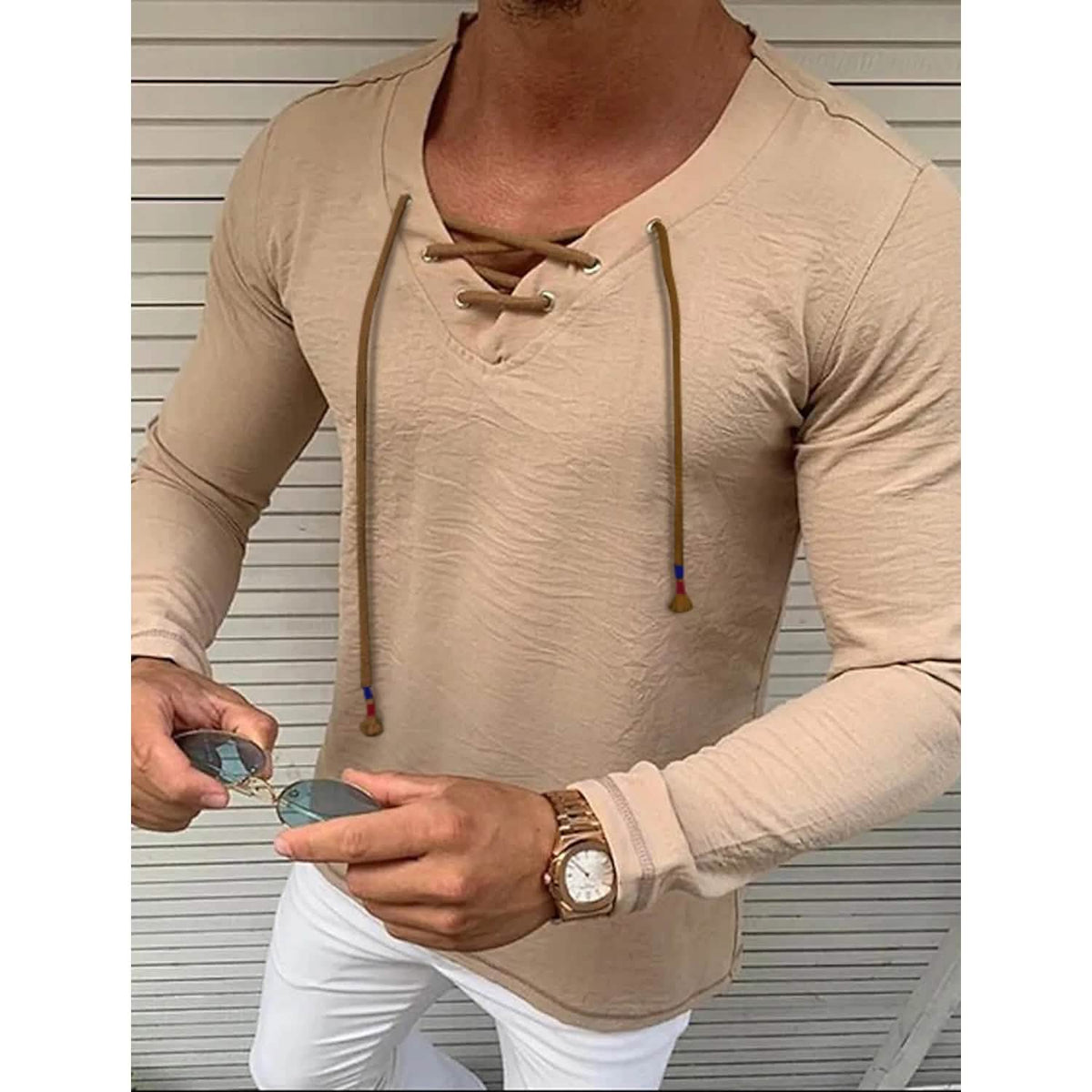 Men's Solid V Neck Long Sleeved Cotton Linen Shirt Khaki Men's Tops - Tophatter Daily Deals