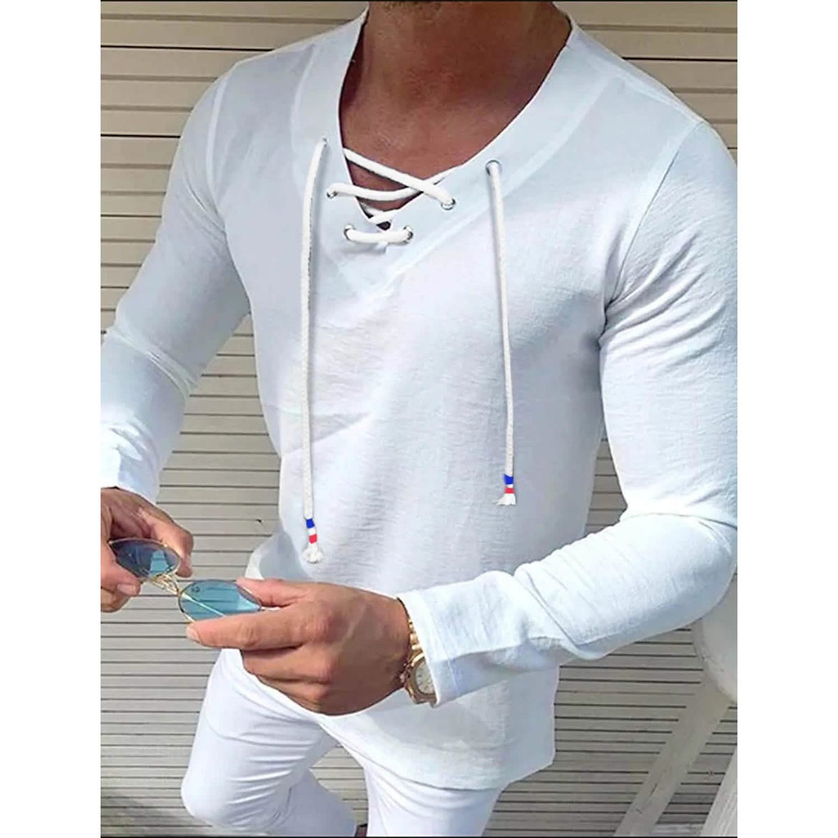 Men's Solid V Neck Long Sleeved Cotton Linen Shirt White Men's Tops - Tophatter Daily Deals