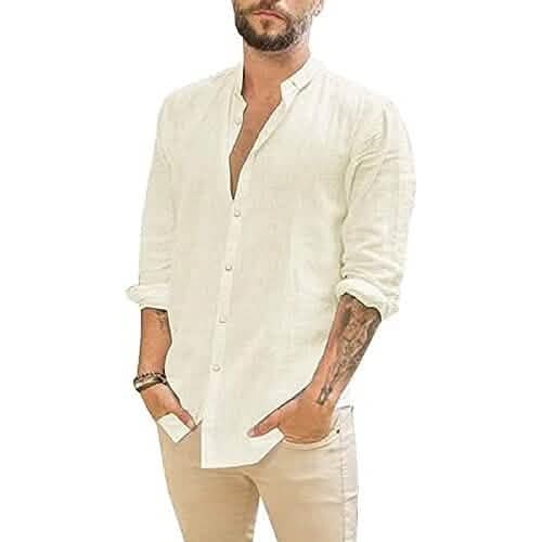 Mens Summer Casual Long Sleeve Cotton Linen T-Shirt Beige Men's Tops - Tophatter Daily Deals