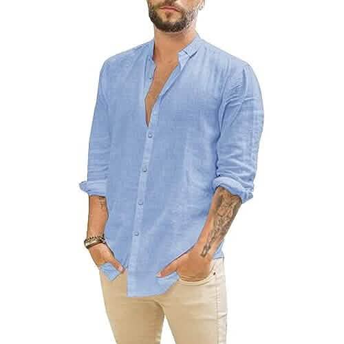 Mens Summer Casual Long Sleeve Cotton Linen T-Shirt Blue Men's Tops - Tophatter Daily Deals