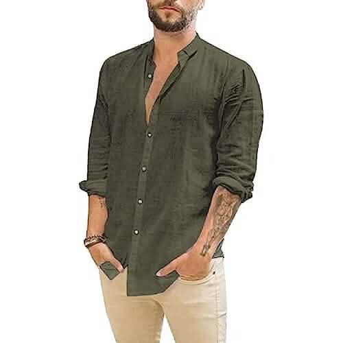 Mens Summer Casual Long Sleeve Cotton Linen T-Shirt Olive Green Men's Tops - Tophatter Daily Deals