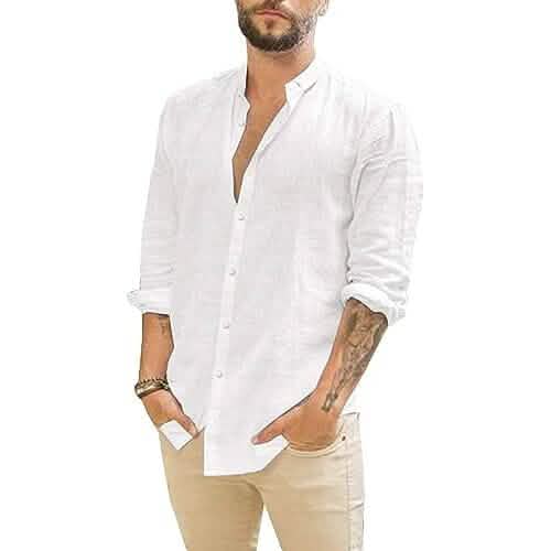 Mens Summer Casual Long Sleeve Cotton Linen T-Shirt White Men's Tops - Tophatter Daily Deals