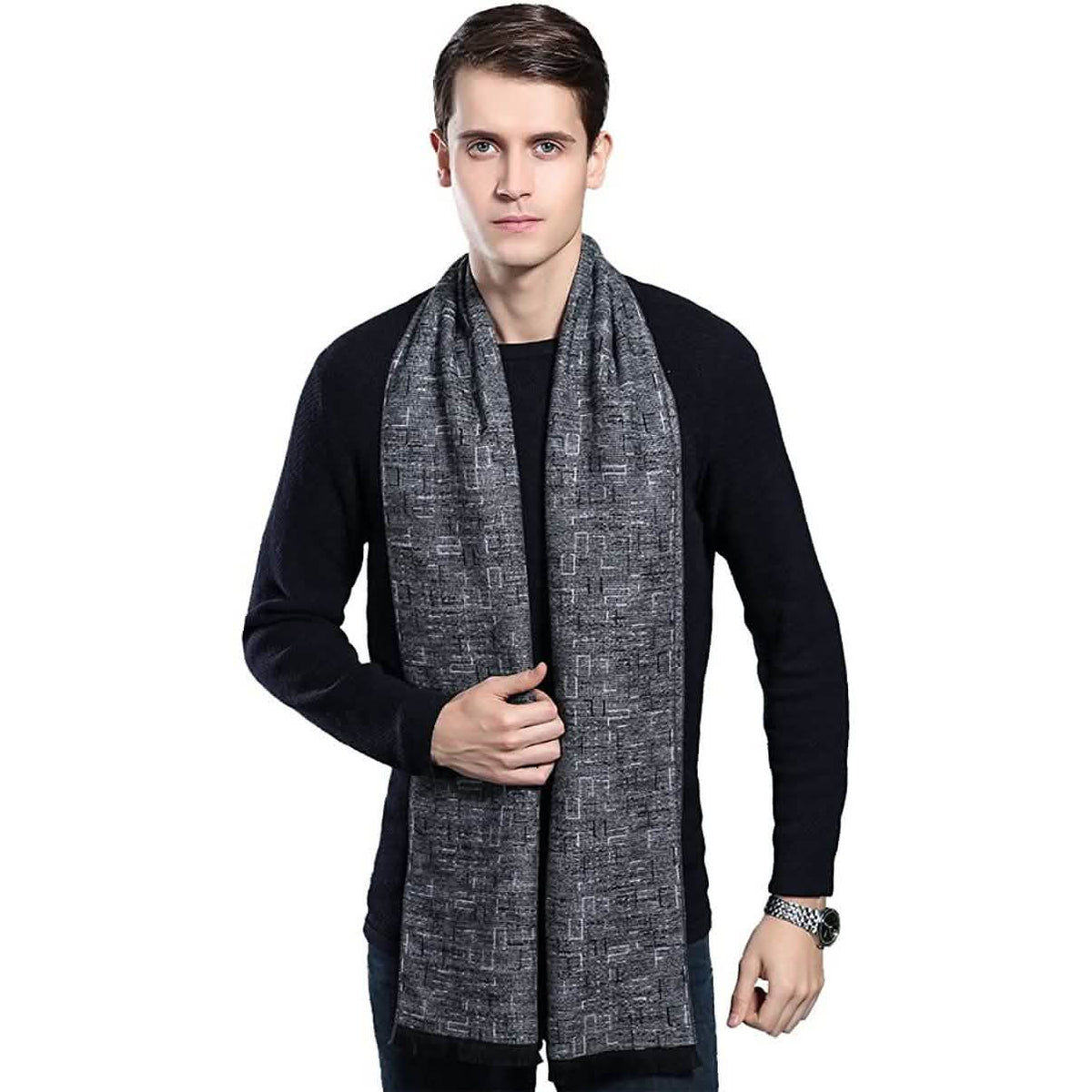 Men's Winter Cashmere Scarf Gray Plaid Gloves, Scarves & Earmuffs - Tophatter Daily Deals