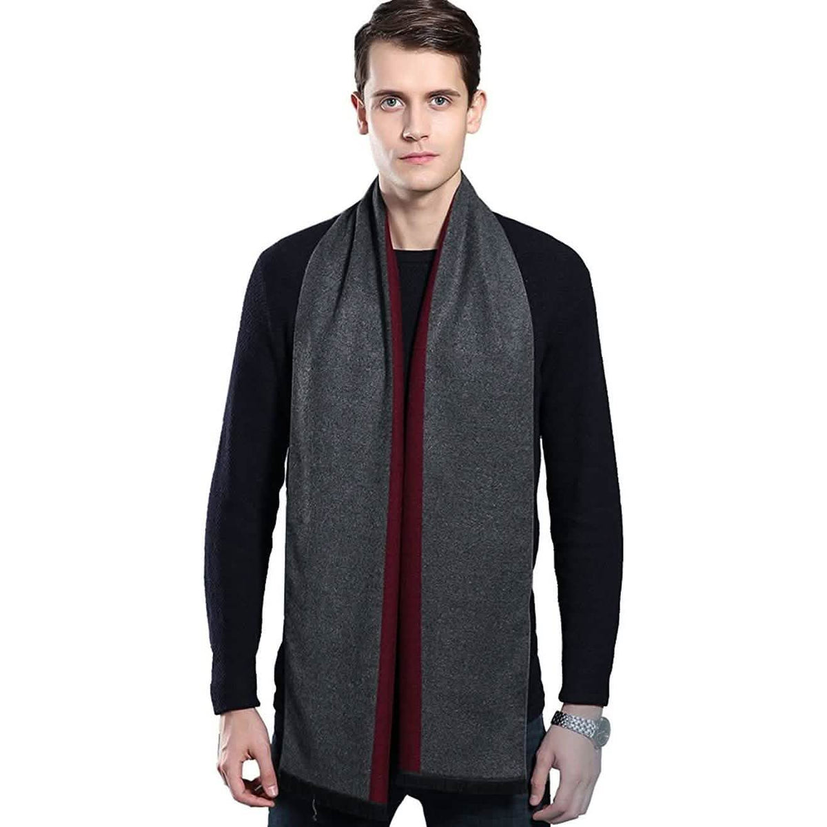 Men's Winter Cashmere Scarf Gray Red Gloves, Scarves & Earmuffs - Tophatter Daily Deals