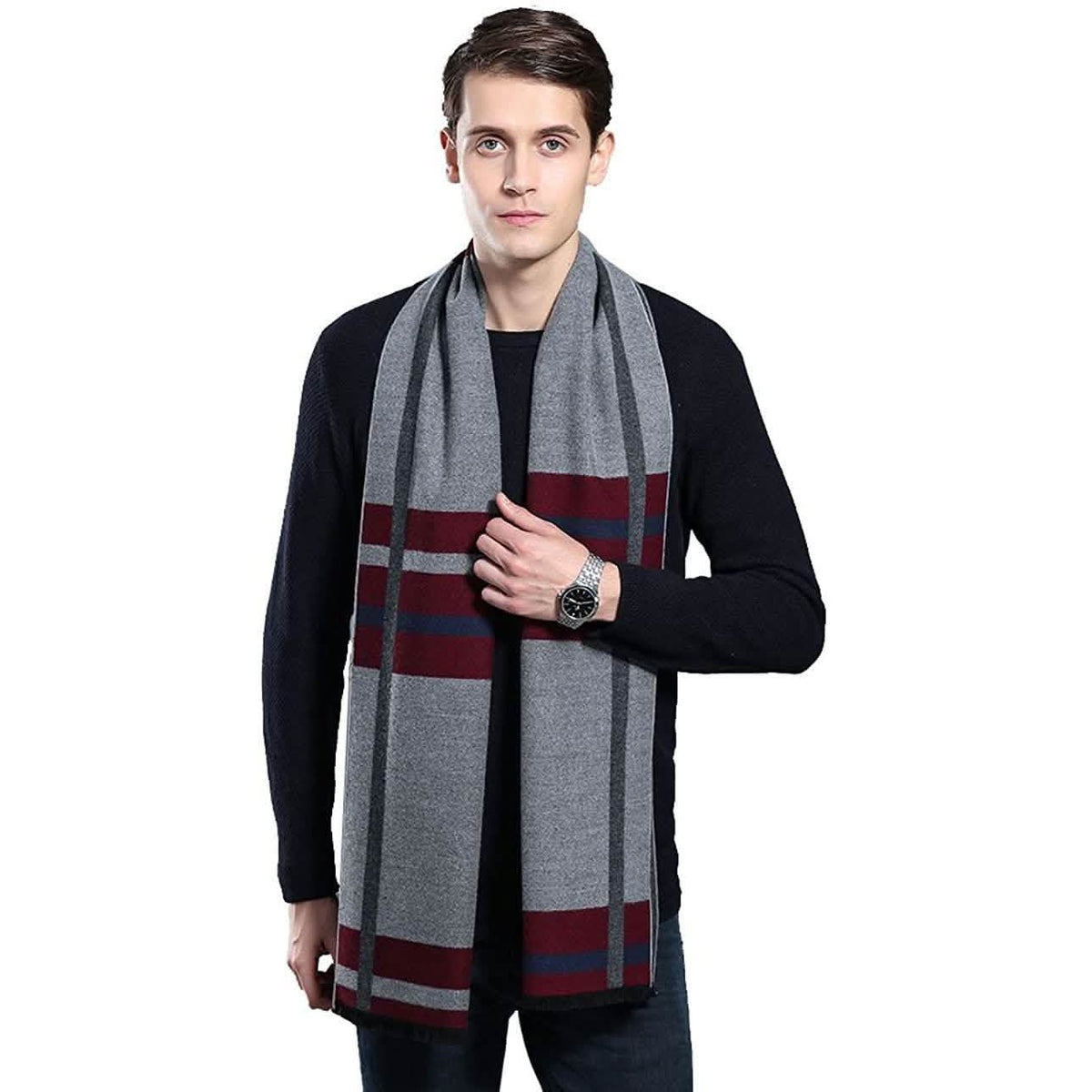 Men's Winter Cashmere Scarf Gray Red Plaid Gloves, Scarves & Earmuffs - Tophatter Daily Deals