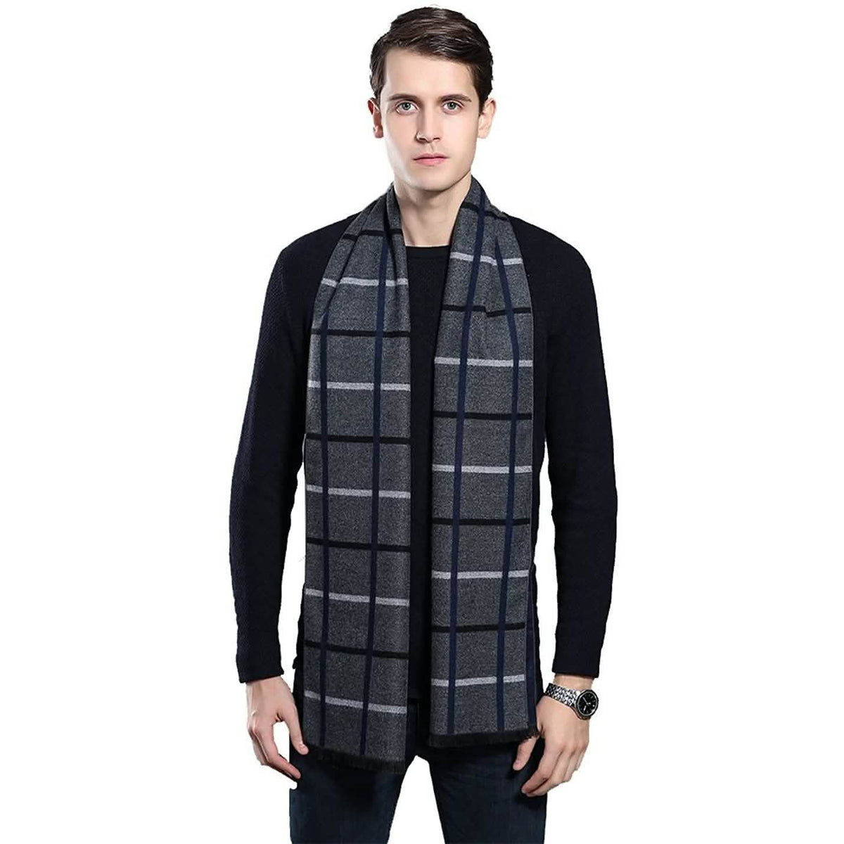 Men's Winter Cashmere Scarf Gray White Plaid Gloves, Scarves & Earmuffs - Tophatter Daily Deals