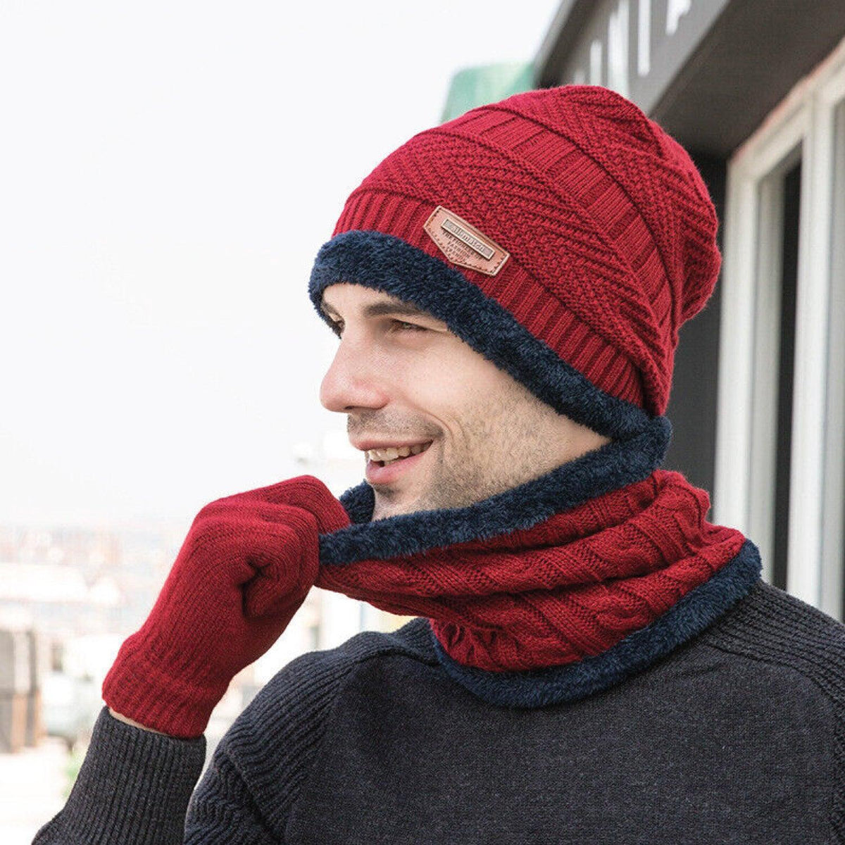 Hat Scarf and Gloves Set - 3pcs Mens Winter Thermal Beanie Knit Hat Glove Neck Scarf Set Men Ski Snow Caps Red Winter Warm - Tophatter Daily Deals