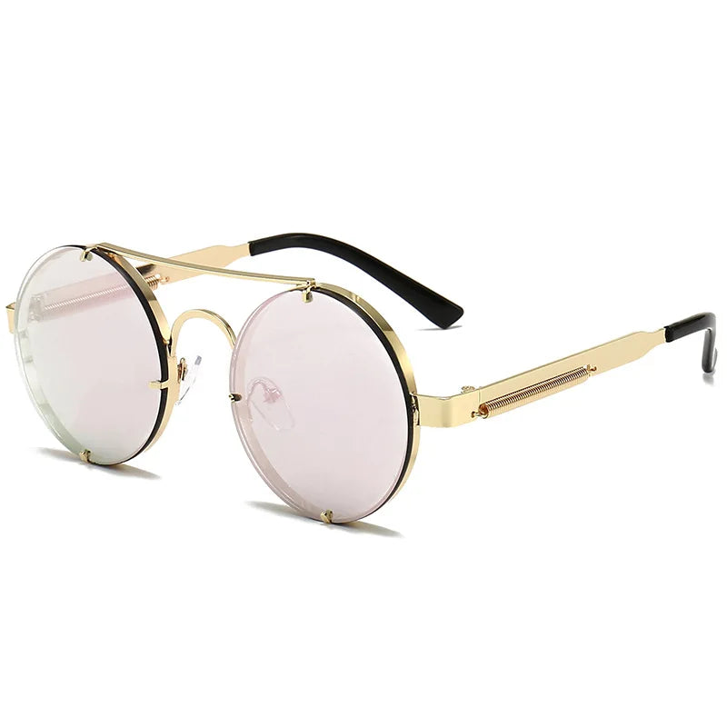 Metal Round Steampunk Rimless Sunglasses Gold Pink Mirror Sunglasses - Tophatter Daily Deals