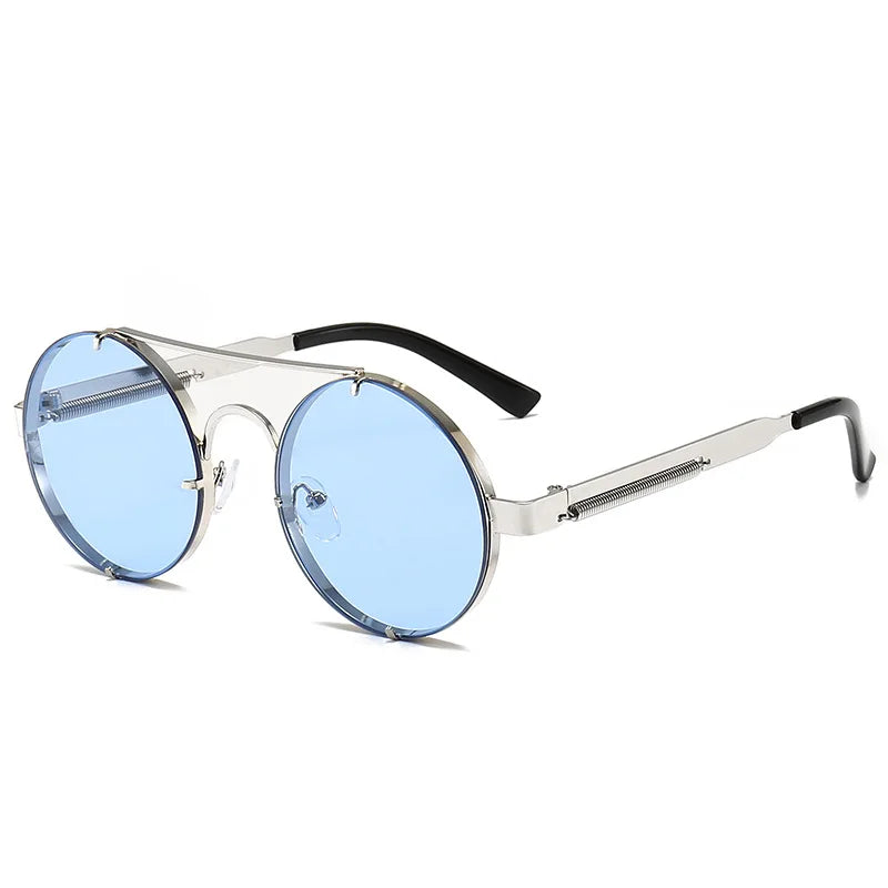 Metal Round Steampunk Rimless Sunglasses Silver Blue Sunglasses - Tophatter Daily Deals