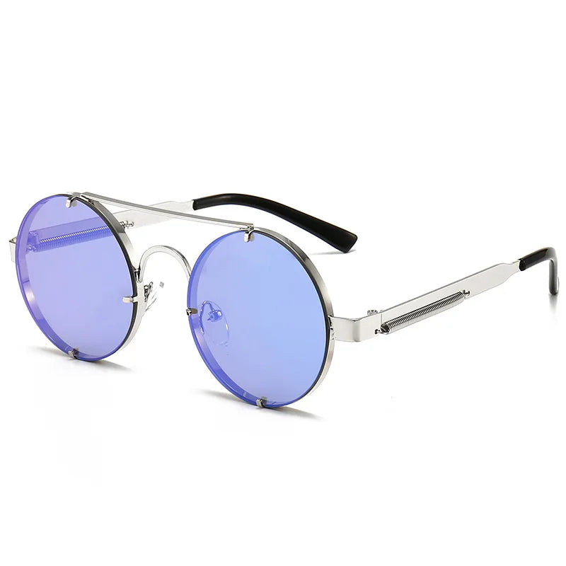 Metal Round Steampunk Rimless Sunglasses Silver Blue Mirror Sunglasses - Tophatter Daily Deals