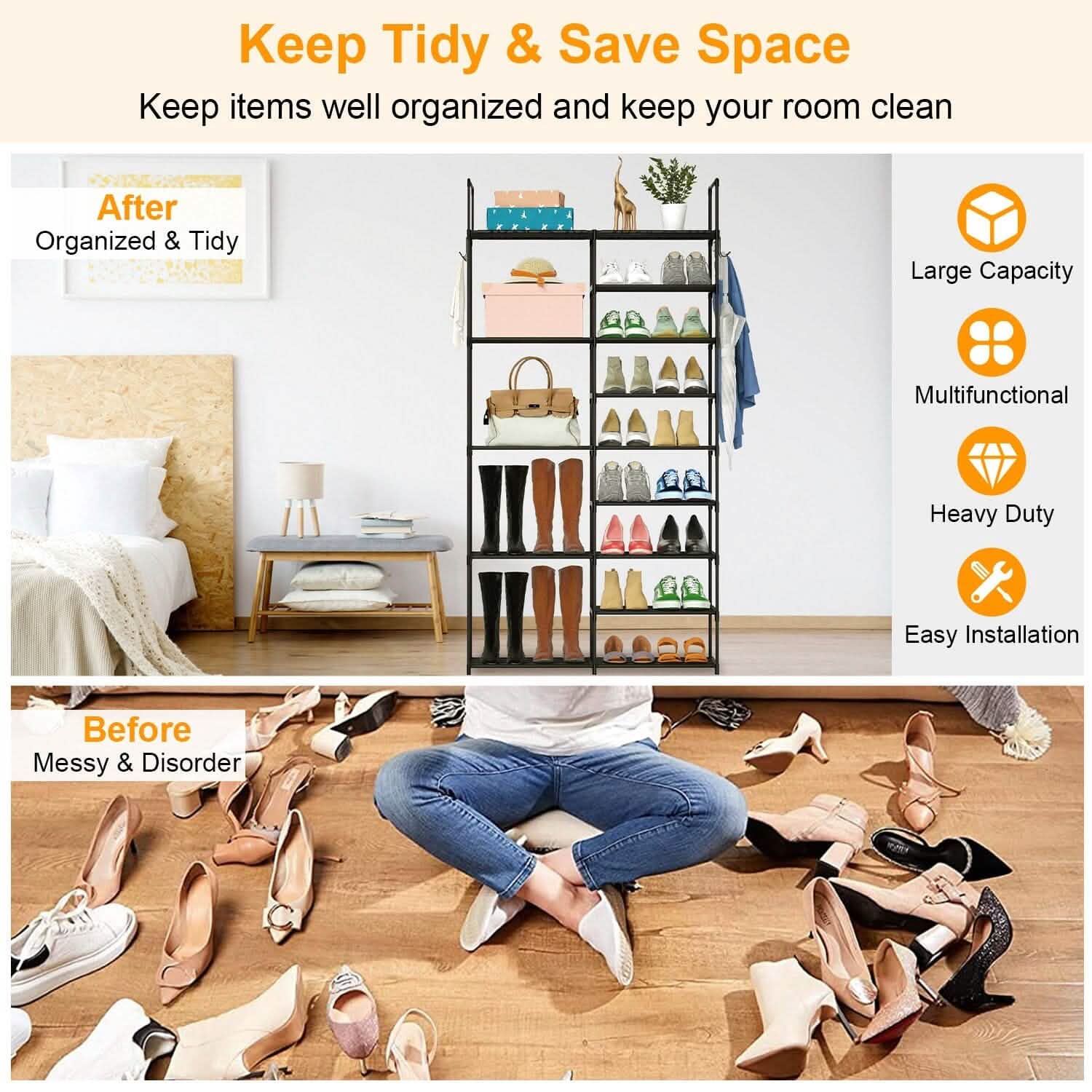 Metal Shoe Storage Shelf Free Standing Shoe Stand with 2 Row Hooks Storage & Organization - Tophatter Daily Deals