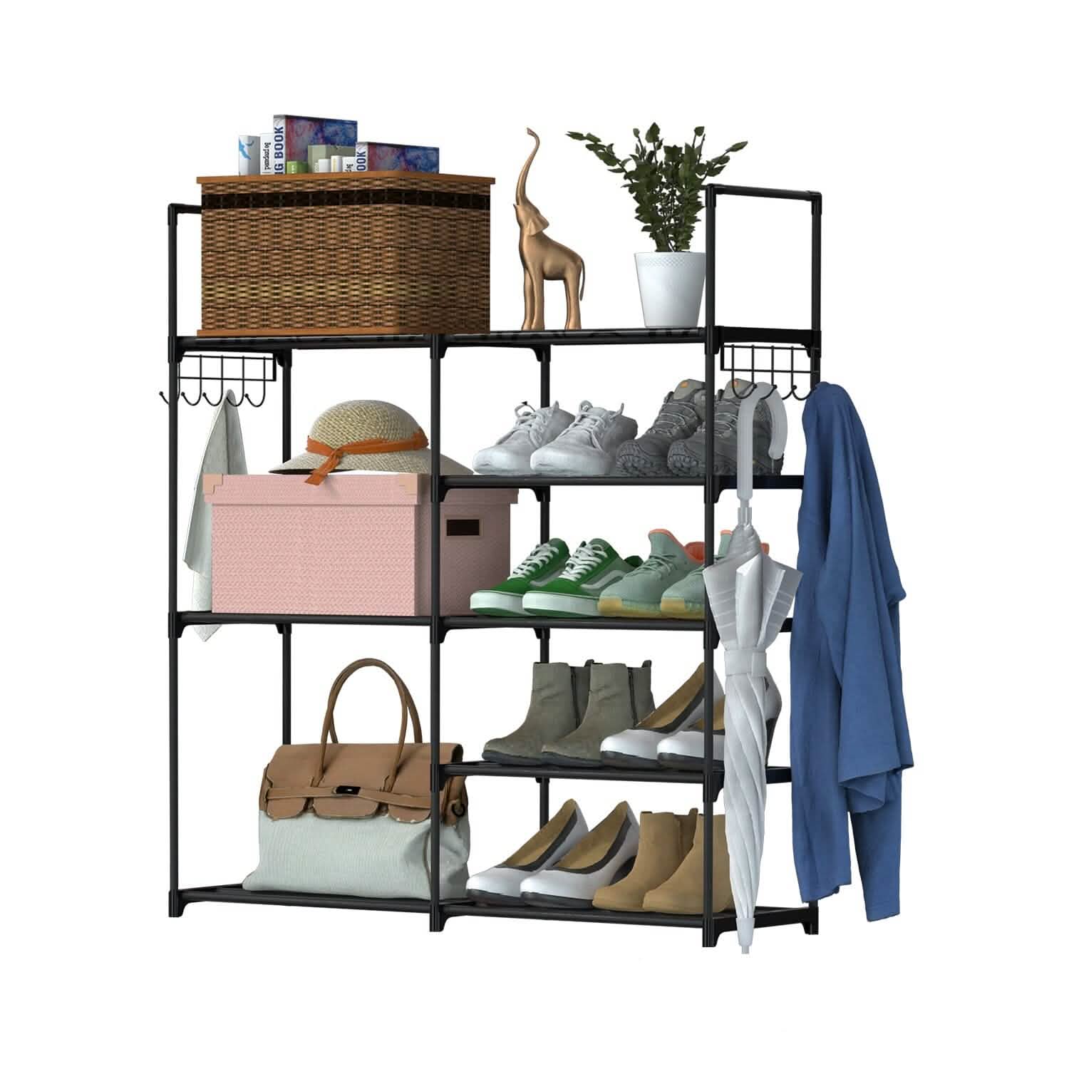 Metal Shoe Storage Shelf Free Standing Shoe Stand with 2 Row Hooks Storage & Organization - Tophatter Daily Deals