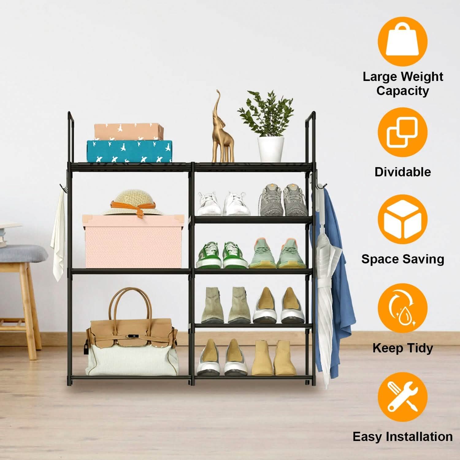 Metal Shoe Storage Shelf Free Standing Shoe Stand with 2 Row Hooks Storage & Organization - Tophatter Daily Deals