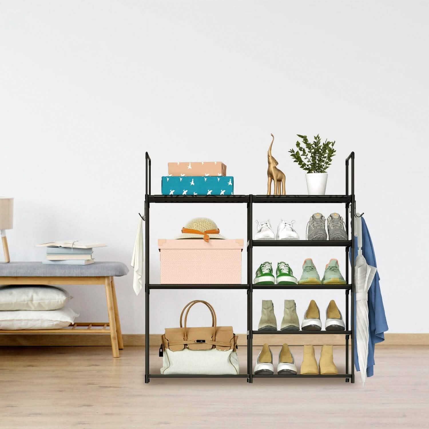Metal Shoe Storage Shelf Free Standing Shoe Stand with 2 Row Hooks Storage & Organization - Tophatter Daily Deals