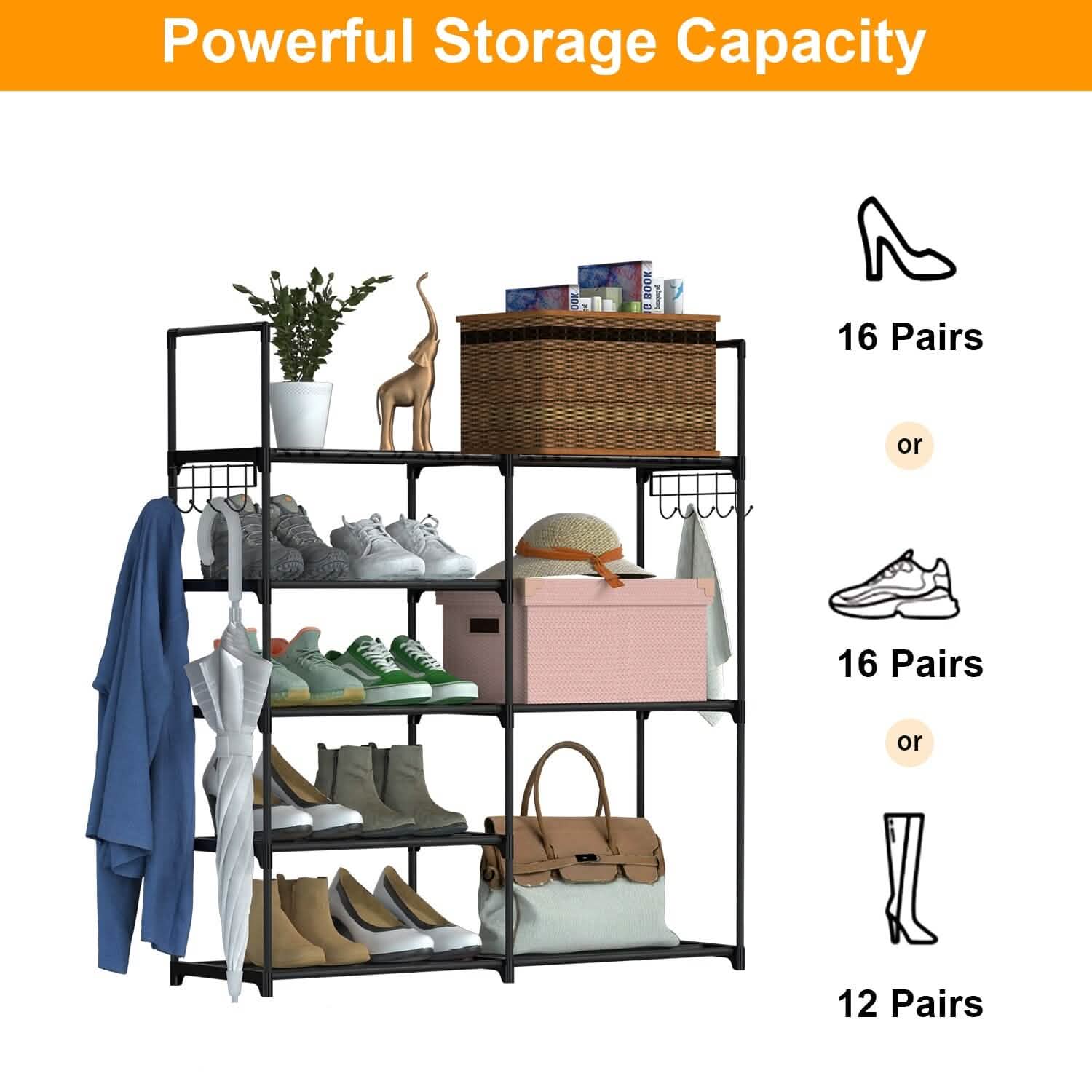 Metal Shoe Storage Shelf Free Standing Shoe Stand with 2 Row Hooks Storage & Organization - Tophatter Daily Deals