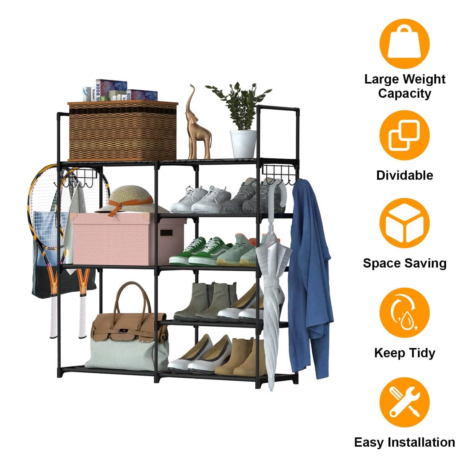 Metal Shoe Storage Shelf Free Standing Shoe Stand with 2 Row Hooks Storage & Organization - Tophatter Daily Deals