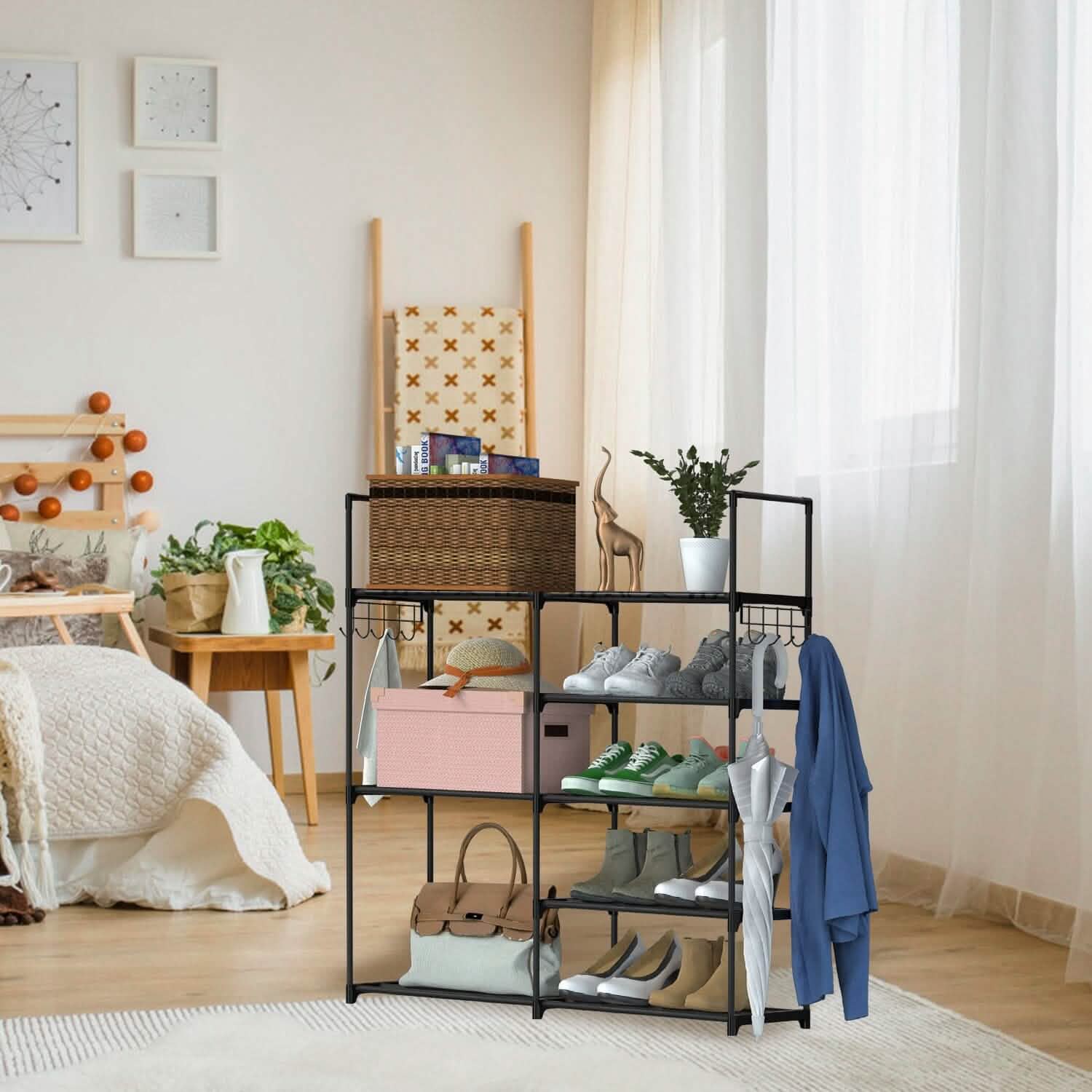 Metal Shoe Storage Shelf Free Standing Shoe Stand with 2 Row Hooks Storage & Organization - Tophatter Daily Deals