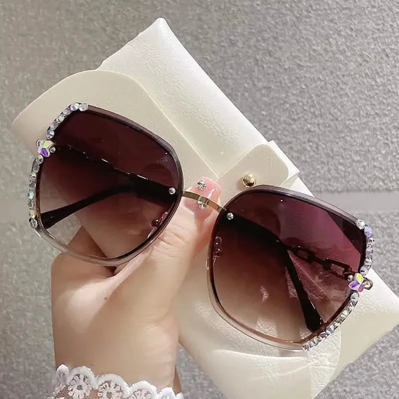 Metal Trimming Oversized Rhinestones Gradient Sun Glasses Coffee with Diamond Sunglasses - Tophatter Daily Deals