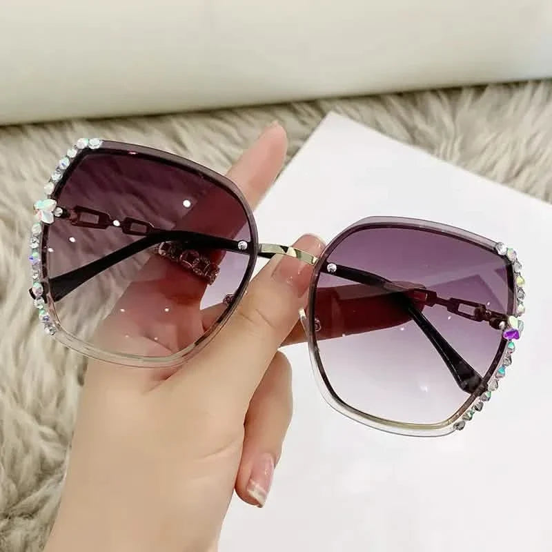 Metal Trimming Oversized Rhinestones Gradient Sun Glasses Gray with Diamond Sunglasses - Tophatter Daily Deals