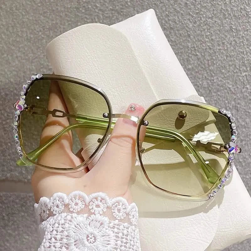 Metal Trimming Oversized Rhinestones Gradient Sun Glasses Green with Diamond Sunglasses - Tophatter Daily Deals