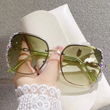 Metal Trimming Oversized Rhinestones Gradient Sun Glasses Green with Diamond Sunglasses - Tophatter Daily Deals