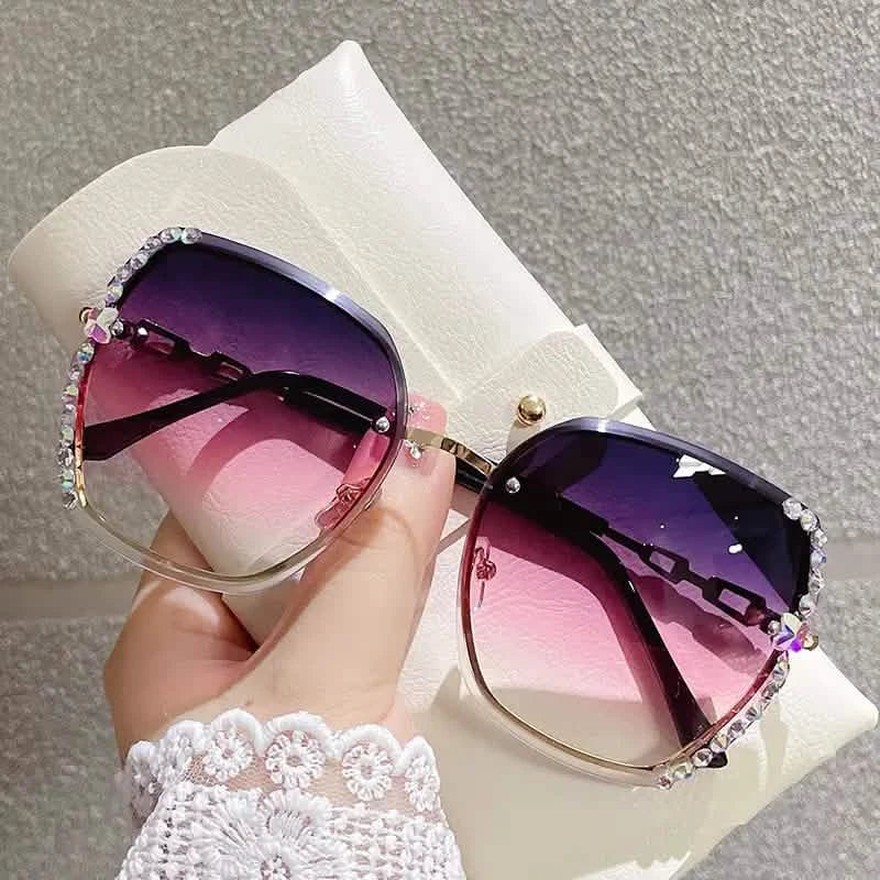 Metal Trimming Oversized Rhinestones Gradient Sun Glasses Purple with Diamond Sunglasses - Tophatter Daily Deals